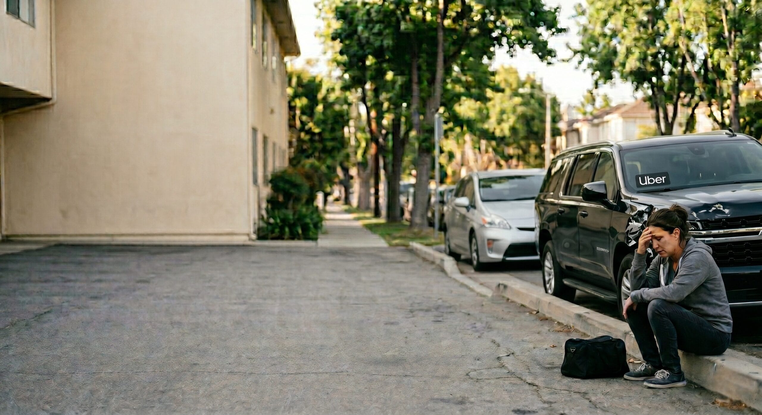 Injured passenger in the backseat of an Uber after a collision, highlighting a rideshare accident claim against a commercial liability policy.